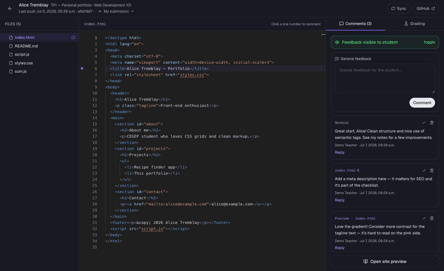 The review workbench — real student code, line comments, grading.