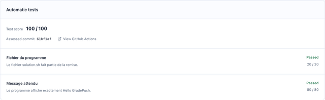 GradePush automated test results with earned points, using sample data.