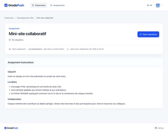 GradePush student view: team assignment instructions and shared repository, with sample data.